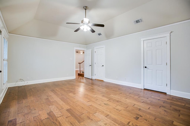 5413 Bent Oak Ct, San Angelo, TX 76904 - unfurnished bedroom with wood finished floors, baseboards, vaulted ceiling, and ceiling fan