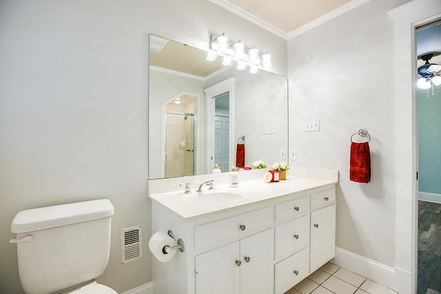 5413 Bent Oak Ct, San Angelo, TX 76904 - full bath featuring vanity, ornamental molding, toilet, a shower with door, and baseboards