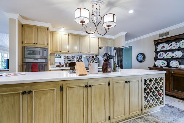 kitchen featuring light brown cabinetry, crown molding, a notable chandelier, pendant lighting, and stainless steel appliances