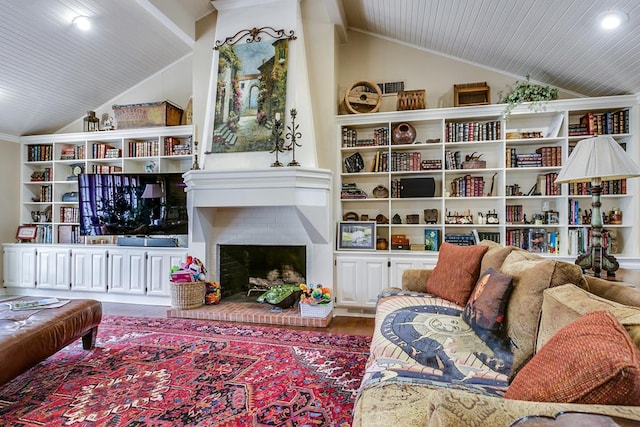 living room with wood ceiling, lofted ceiling, a fireplace, and hardwood / wood-style floors