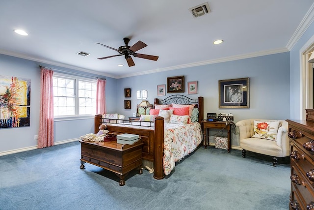 bedroom with dark colored carpet, ornamental molding, and ceiling fan