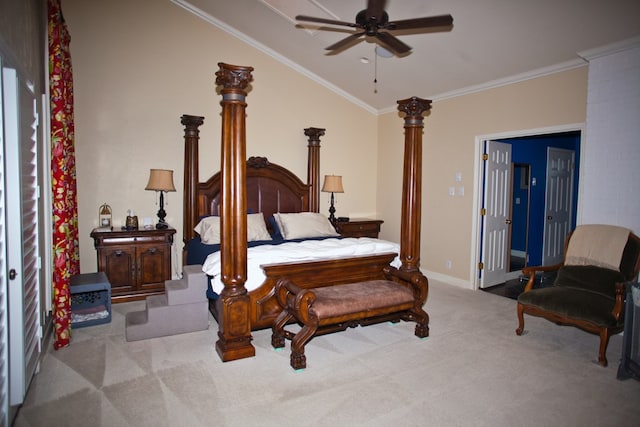 5114 Fairway Dr, San Angelo, TX 76904 - bedroom with carpet floors, crown molding, lofted ceiling, baseboards, and a ceiling fan