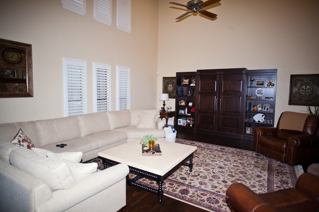 5114 Fairway Dr, San Angelo, TX 76904 - living area with wood finished floors, ceiling fan, and a towering ceiling