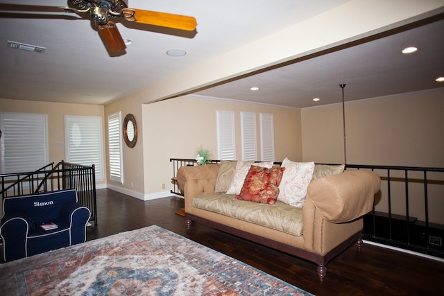 5114 Fairway Dr, San Angelo, TX 76904 - living room with ceiling fan, hardwood / wood-style flooring, baseboards, crown molding, and recessed lighting