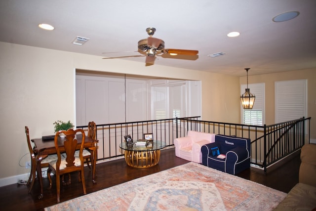 5114 Fairway Dr, San Angelo, TX 76904 - living area with wood finished floors, ceiling fan, an upstairs landing, baseboards, and recessed lighting