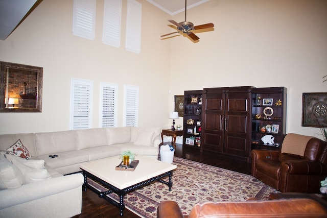 5114 Fairway Dr, San Angelo, TX 76904 - living area with ornamental molding, wood finished floors, ceiling fan, and a high ceiling