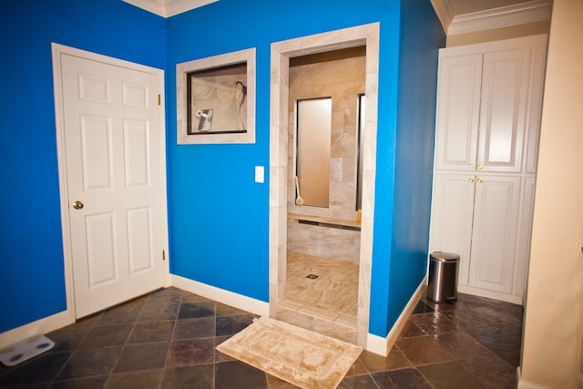 5114 Fairway Dr, San Angelo, TX 76904 - bathroom with baseboards, ornamental molding, walk in shower, and stone finish flooring