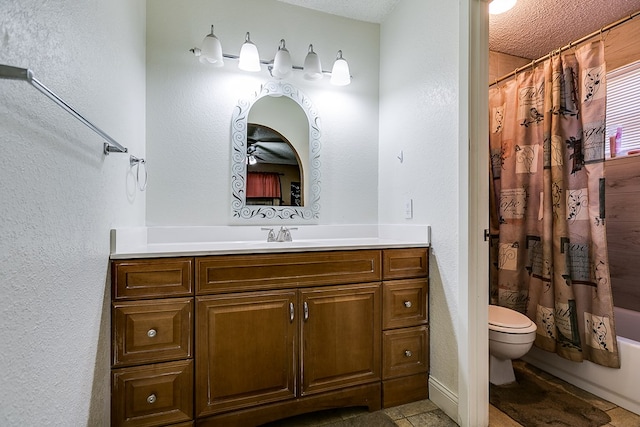 full bathroom with toilet, a textured ceiling, vanity, shower / bath combination with curtain, and tile patterned flooring