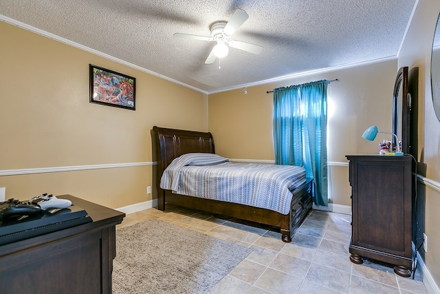 bedroom with crown molding, a textured ceiling, and ceiling fan