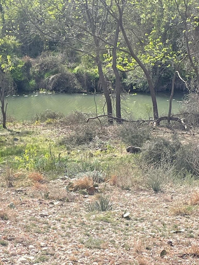 view of landscape with a water view and a wooded view