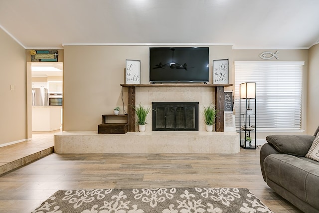 living room with ornamental molding, wood-type flooring, and a premium fireplace