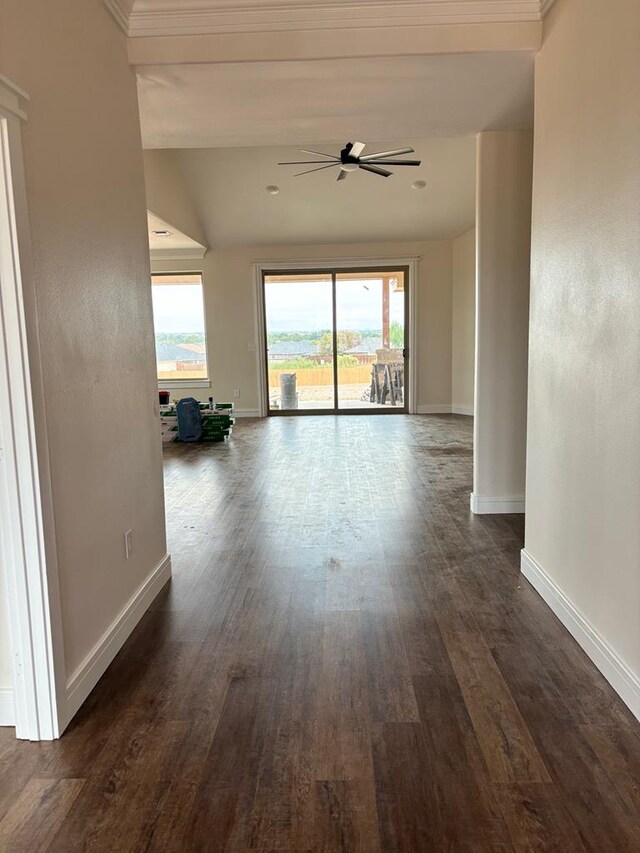 unfurnished room featuring ceiling fan and dark hardwood / wood-style flooring