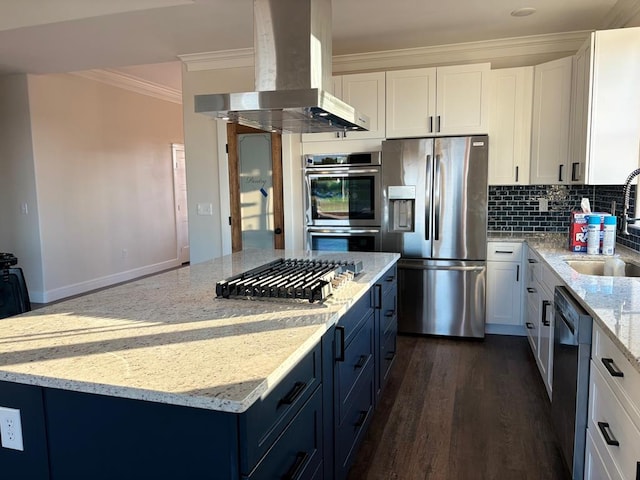 kitchen with white cabinetry, appliances with stainless steel finishes, and island range hood