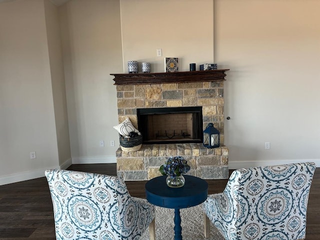 details with hardwood / wood-style flooring and a stone fireplace