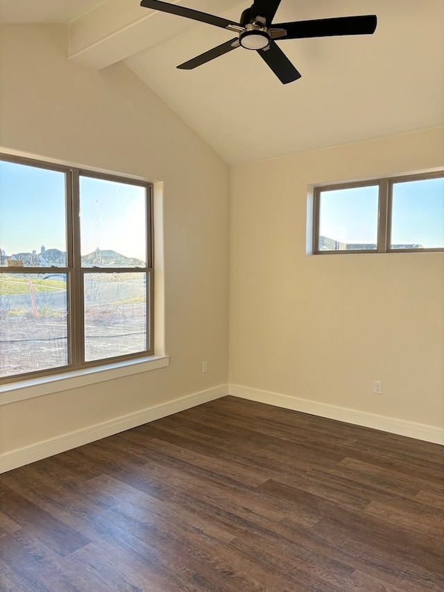 unfurnished room with lofted ceiling with beams, baseboards, ceiling fan, and dark wood-style flooring