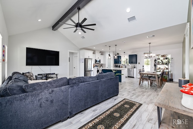 2846 Ricks Dr, San Angelo, TX 76905 - living area featuring a ceiling fan, a chandelier, beam ceiling, high vaulted ceiling, and recessed lighting