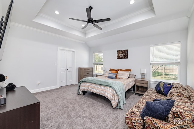 2846 Ricks Dr, San Angelo, TX 76905 - bedroom featuring a raised ceiling, carpet floors, ornamental molding, recessed lighting, and a ceiling fan