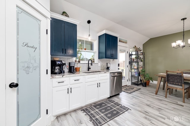 2846 Ricks Dr, San Angelo, TX 76905 - kitchen with dishwasher, a chandelier, backsplash, blue cabinets, and lofted ceiling
