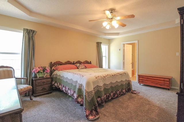5905 Stratford Ave, San Angelo, TX 76901 - carpeted bedroom with a ceiling fan, a textured ceiling, multiple windows, and a raised ceiling