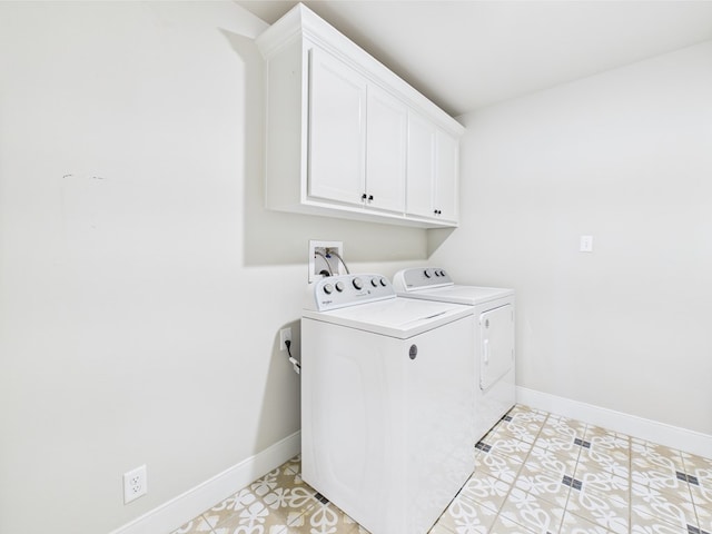 8353 Chad Rd, San Angelo, TX 76957 - washroom featuring washing machine and dryer, cabinet space, baseboards, and light tile patterned floors