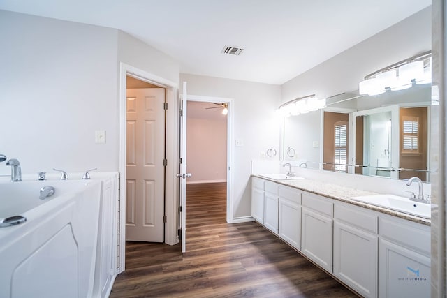 bathroom with vanity, wood-type flooring, and a washtub