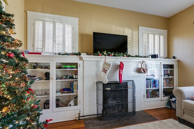 living room with a fireplace, hardwood / wood-style floors, and a wealth of natural light