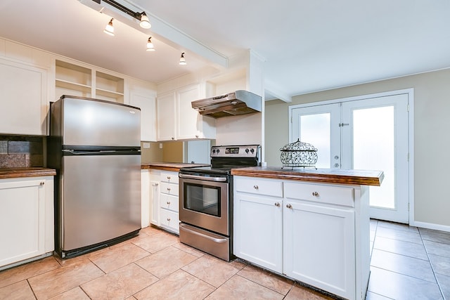 2526 Harvard Ave, San Angelo, TX 76904 - kitchen with stainless steel appliances, under cabinet range hood, white cabinetry, light tile patterned floors, and a peninsula