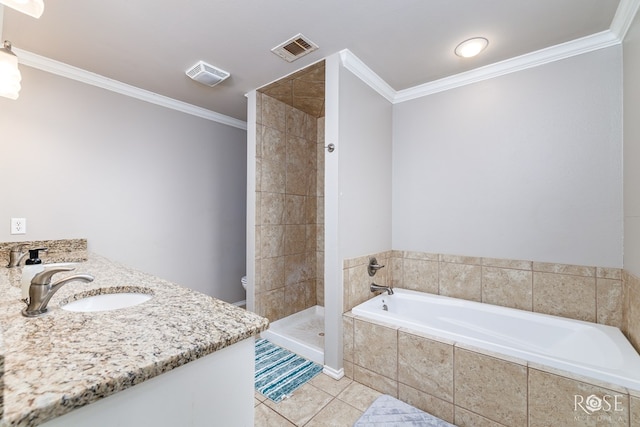 full bath with tile patterned floors, visible vents, a tile shower, and crown molding