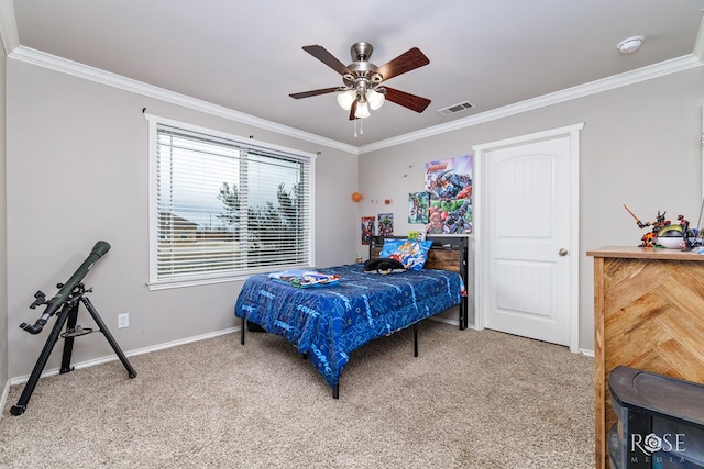 bedroom featuring light carpet, visible vents, baseboards, and ornamental molding