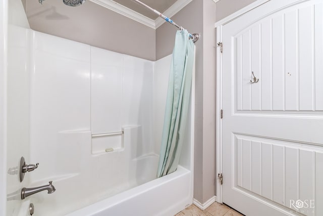 full bathroom featuring tile patterned flooring, shower / bath combo with shower curtain, and crown molding