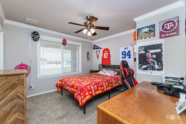 carpeted bedroom featuring a ceiling fan, crown molding, baseboards, and visible vents