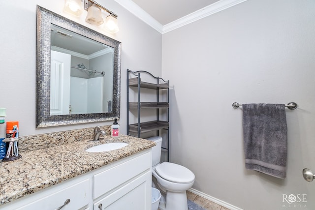 full bath with visible vents, walk in shower, toilet, ornamental molding, and vanity