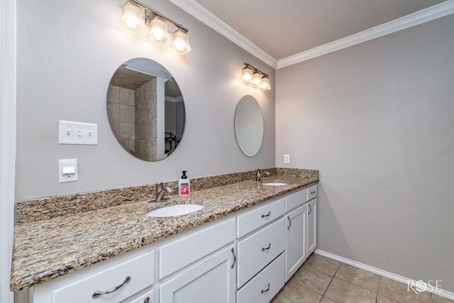 bathroom featuring a sink, double vanity, crown molding, and tile patterned flooring