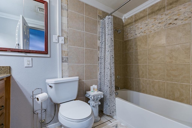 2458 Fishermans Rd, San Angelo, TX 76904 - full bathroom with crown molding, vanity, toilet, shower / bath combo, and tile patterned floors