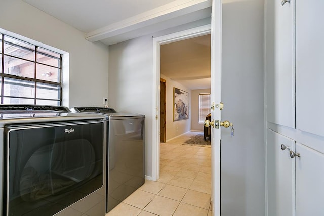 2458 Fishermans Rd, San Angelo, TX 76904 - laundry area with independent washer and dryer, light tile patterned floors, and baseboards