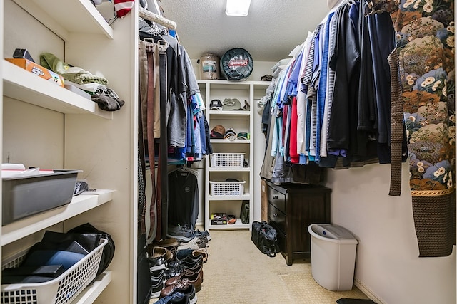 walk in closet with light colored carpet