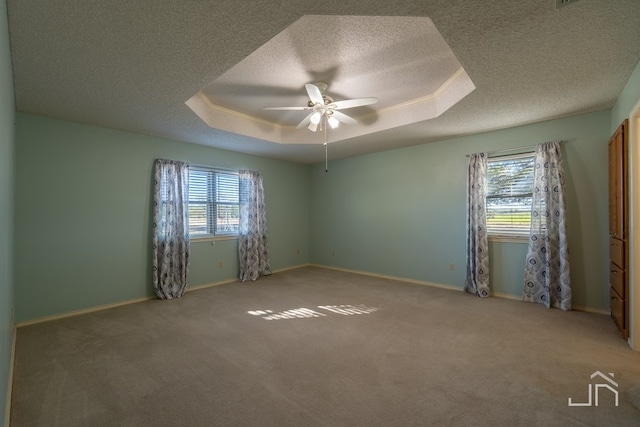 carpeted empty room featuring ceiling fan, plenty of natural light, and a tray ceiling