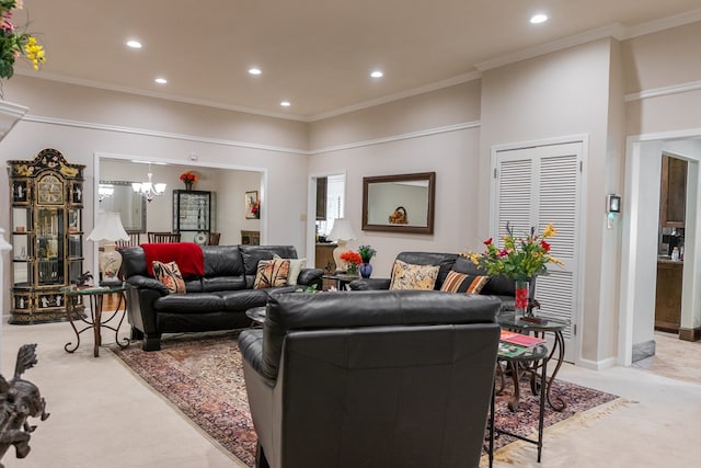 5213 Green Valley Trl, San Angelo, TX 76904 - living area with light colored carpet, a chandelier, recessed lighting, and crown molding