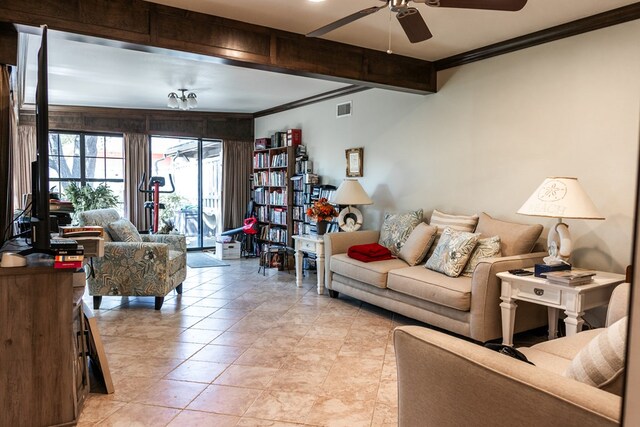 5213 Green Valley Trl, San Angelo, TX 76904 - living area featuring crown molding, ceiling fan, and light tile patterned floors