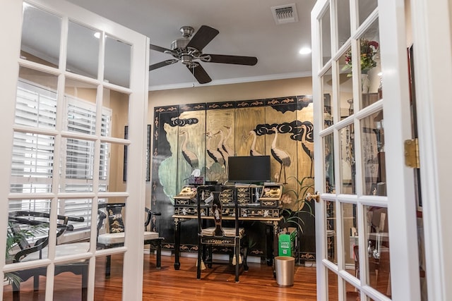 5213 Green Valley Trl, San Angelo, TX 76904 - interior space with french doors, a ceiling fan, wood finished floors, and ornamental molding