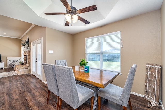 4113 Huntleigh Dr, San Angelo, TX 76904 - dining area with dark wood-type flooring, ceiling fan, french doors, and crown molding