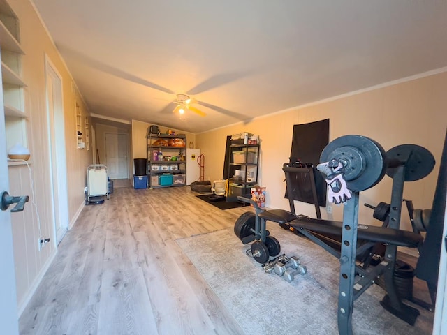 417 E 47th St, San Angelo, TX 76903 - workout room featuring wood finished floors, a ceiling fan, and crown molding