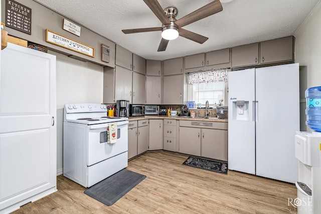 2822 N St, San Angelo, TX 76901 - kitchen with white appliances, gray cabinetry, ceiling fan, a textured ceiling, and light wood-style floors