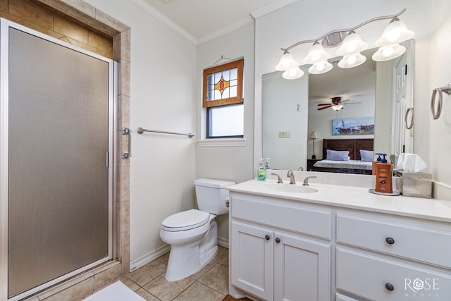 201 Hudspeth St, Sonora, TX 76950 - full bathroom with a shower stall, ensuite bath, crown molding, toilet, and tile patterned flooring