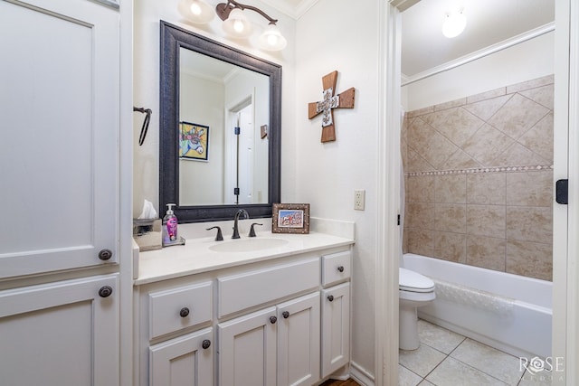 201 Hudspeth St, Sonora, TX 76950 - full bathroom featuring tile patterned floors, ornamental molding, toilet, shower / tub combination, and vanity