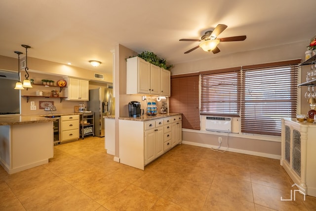 kitchen featuring wine cooler, open shelves, visible vents, cooling unit, and stainless steel fridge