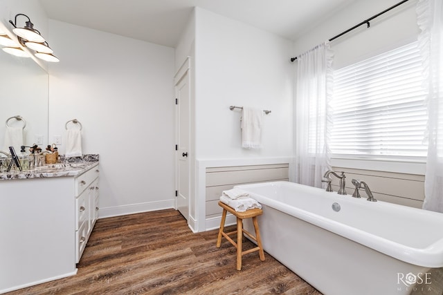 bathroom featuring wood-type flooring, a bath, and vanity