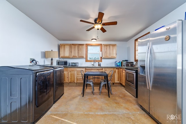 kitchen featuring ceiling fan, appliances with stainless steel finishes, sink, and light brown cabinetry