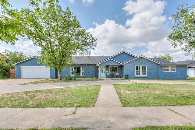 ranch-style house featuring driveway, a chimney, and a front lawn