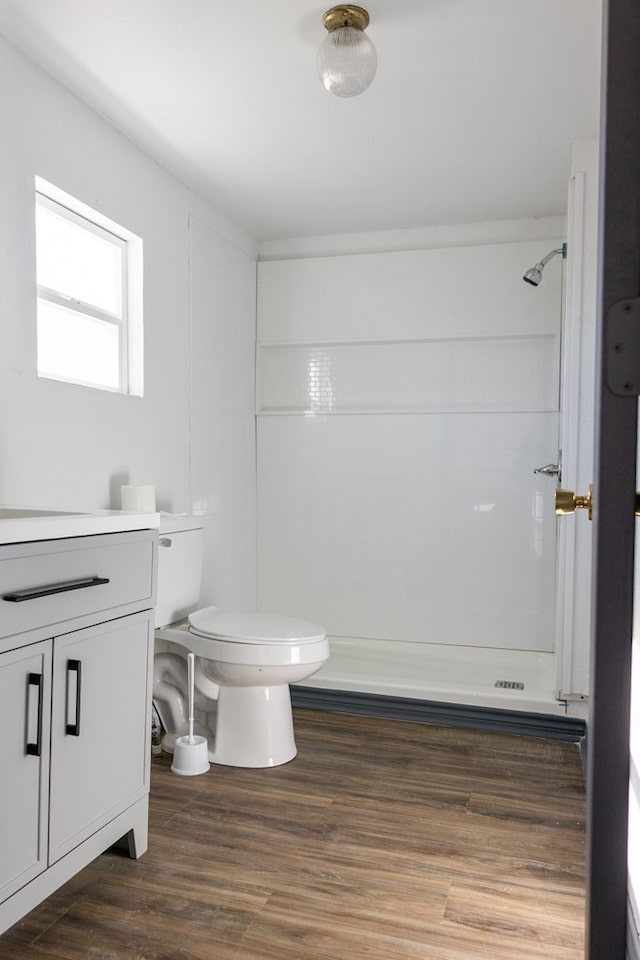 bathroom with walk in shower, wood-type flooring, toilet, and vanity